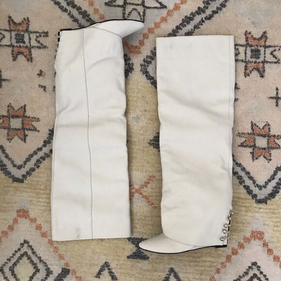 London Trash White Leather Knee High Solange Almond Toe Slouchy Wedge Boots 8.5 - Picture 5 of 7